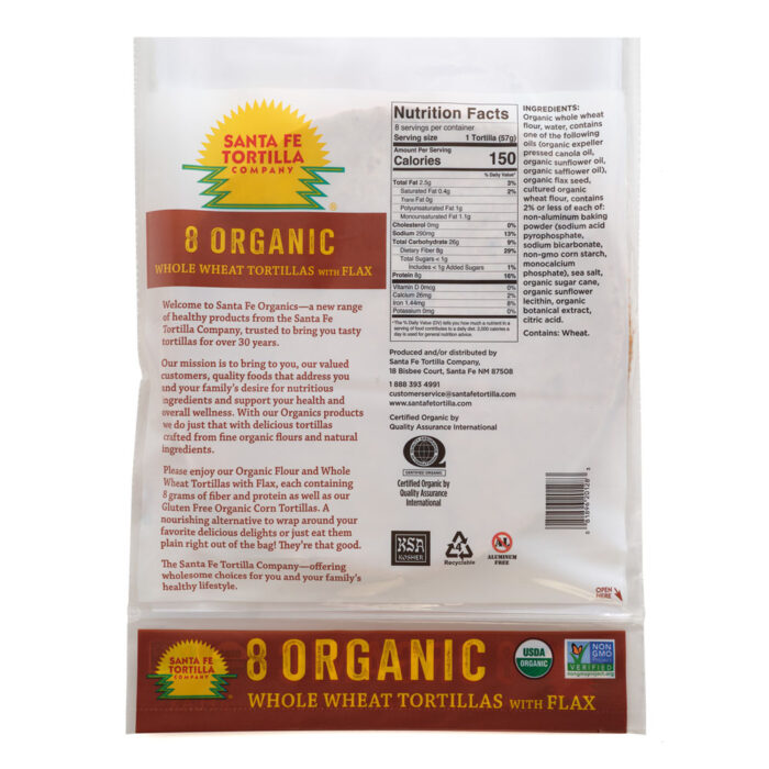 Santa Fe Organics 8” Whole Wheat Tortilla with Flax - Image 2